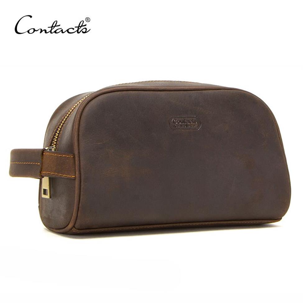 Sac de cosmétique de contact petit pour hommes Crazy Horse Cuir Vintage Vintage Bag Sac de voyage Black Handd Up Making Up Wash Sacs M263F