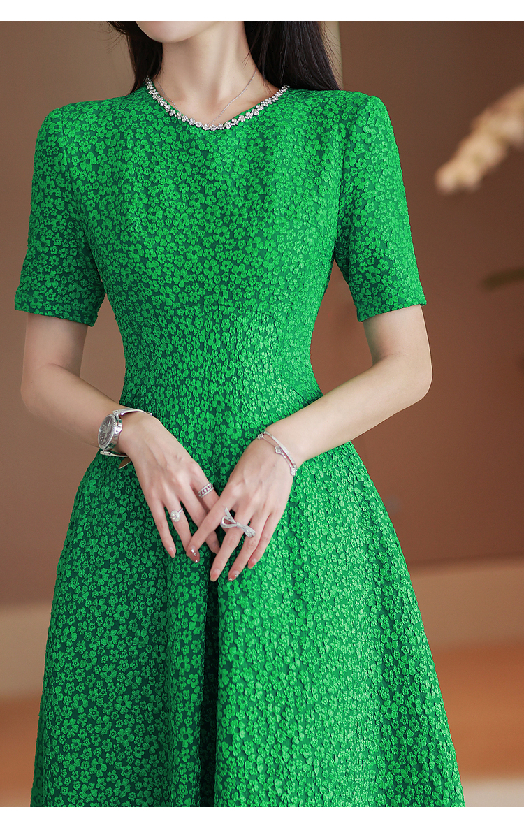 Casual Dresses Vintage Fashion Runway Summer Green Evening Dress Women's Casual Flower Jacquard Elegant Crystal Neckline Elbise Robes 2023