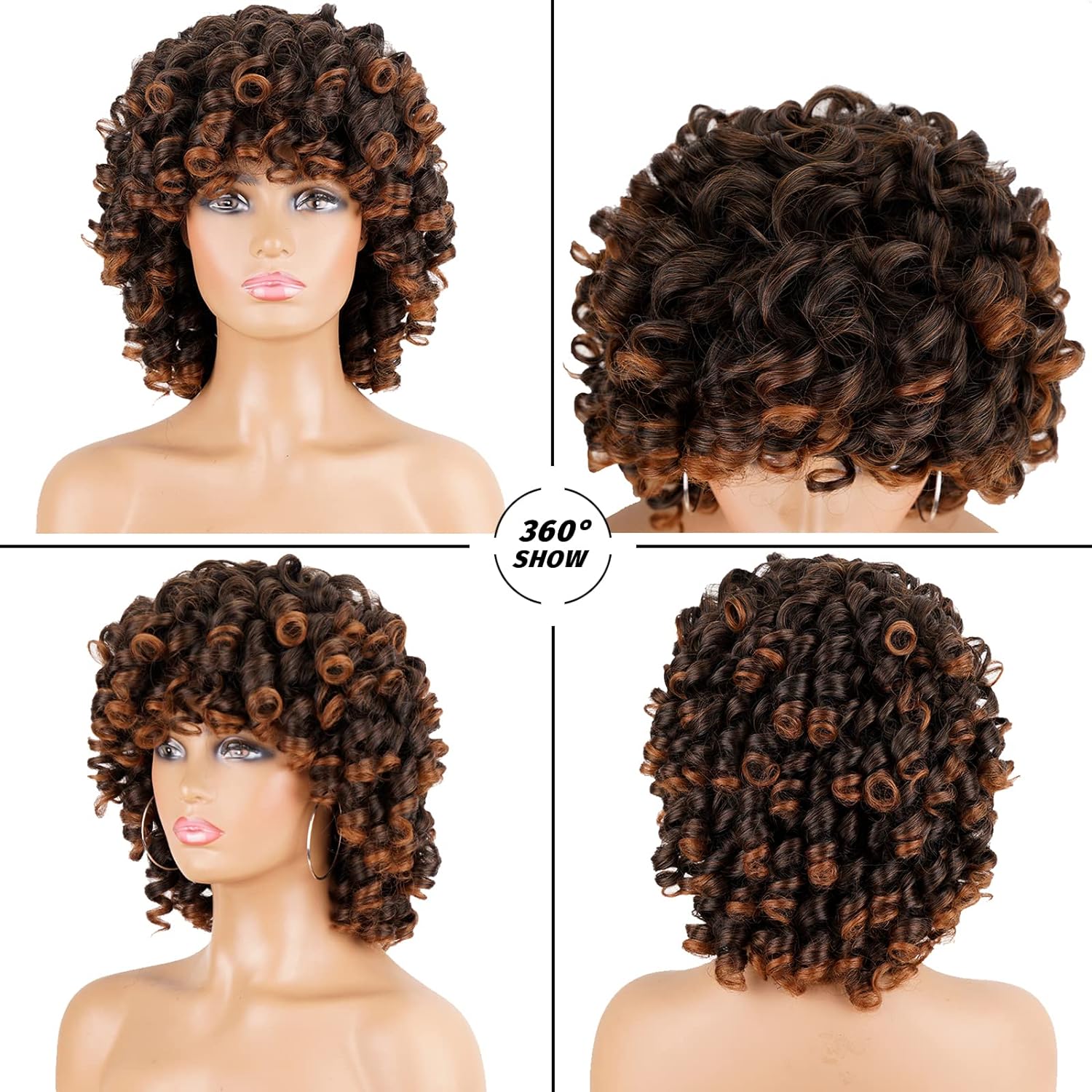 Ombre Bouncy Curly Wigs for Black Women lace front Brown Short funmi curl colored with Bangs Soft Afro Kinky Curly human Wig for African American Women