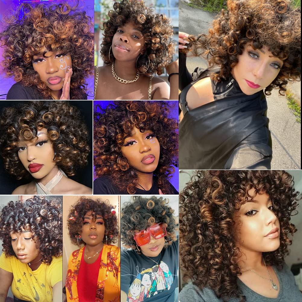 Ombre Bouncy Curly Wigs for Black Women lace front Brown Short funmi curl colored with Bangs Soft Afro Kinky Curly human Wig for African American Women