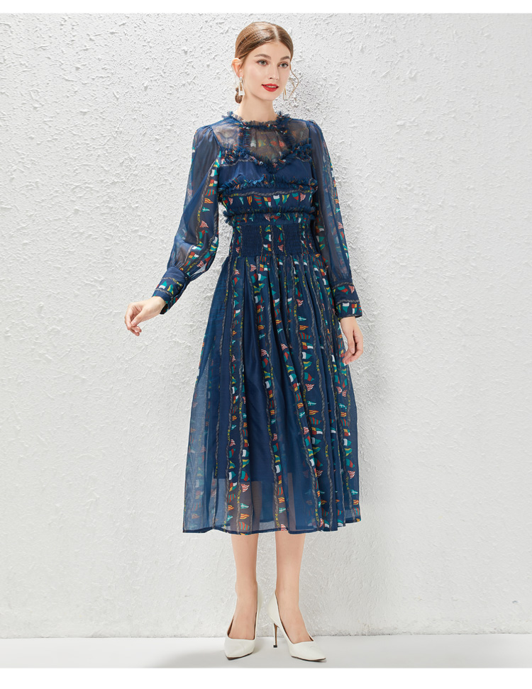 Sukienki na wybiegu wiosenne siatka patchwork patchwork szyfon plisowany sukienka na imprezę luksus luksus 2023 Designerka z długim rękawem wysokim talią midi vestidos