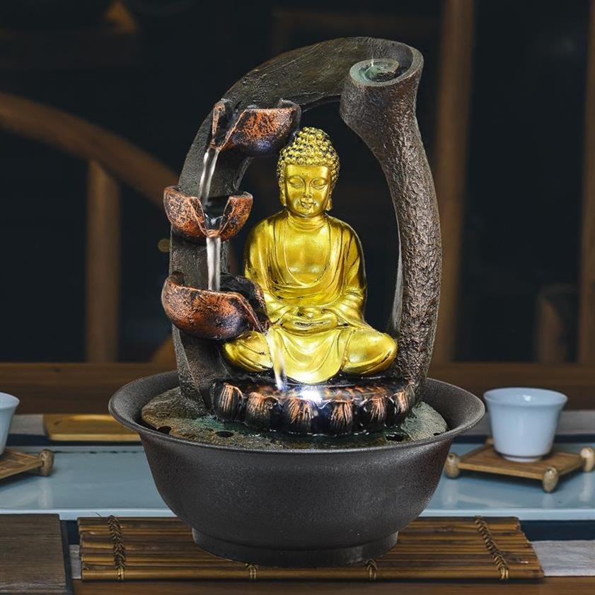 Buddha-Statue, dekorative Brunnen, Innenbrunnen, Kunstharz, Kunsthandwerk, Geschenke, Feng Shui, Desktop-Heimbrunnen, 110 V, 220 V, E301h