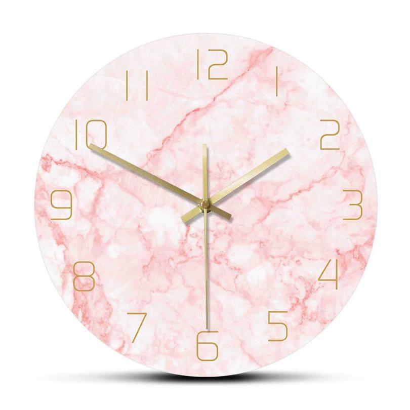 Horloge murale ronde en marbre rose naturel, silencieuse, sans tic-tac, décoration de salon, Art nordique, horloge murale minimaliste, montre murale silencieuse 2212V