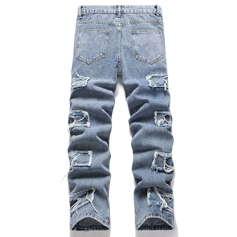 Męskie dżinsy dżinsy dżinsy dżinsowe vintage patchwork hypo proste spodnie Bielone umyta mroźna masa średnia