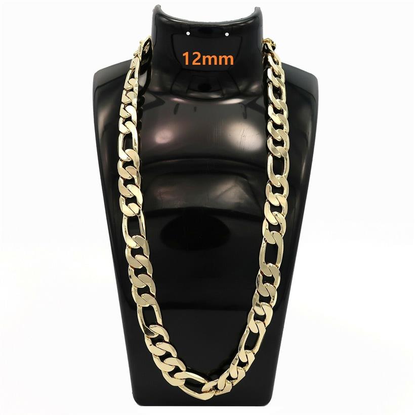 Mäns halsband 14K Guldfinish Figaro Link Chain Thick Hip Hop 24 12mm267h