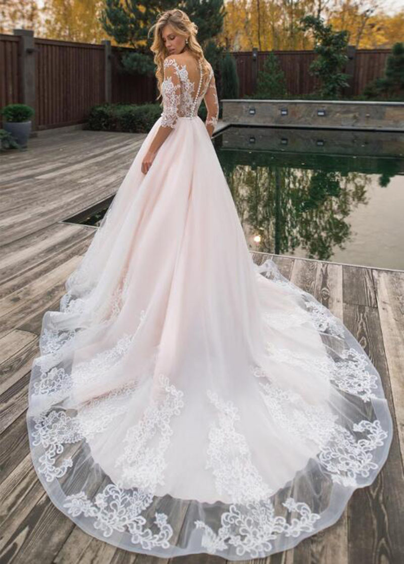 Charming Hollow Wedding Gown For Bride Covered Button Tulle Court Train Jewel Applique Trendy Chapel Draped Customised