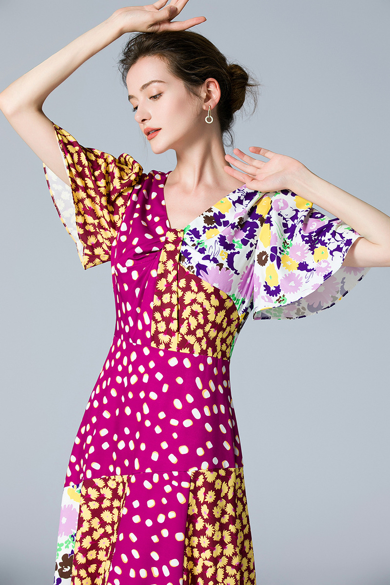 Kvinnors banan klänning sexig v hals korta flare ärmar blommor tryckt ruched elegant high street modedesigner vestidos