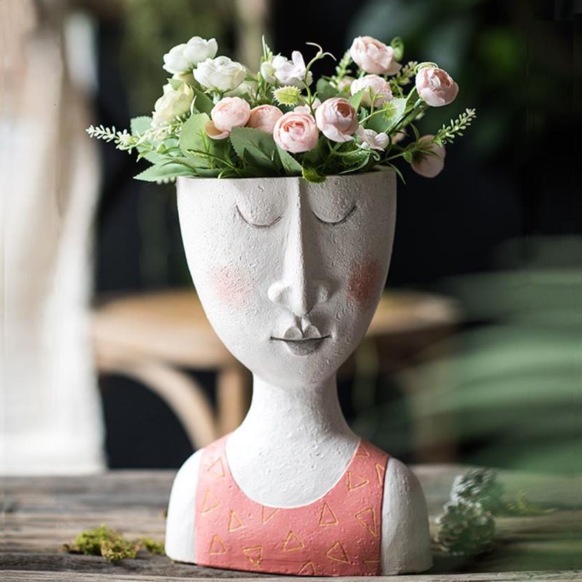 Kunstportret Bloempot Vaas Sculptuur Hars Menselijk gezicht Familie Plantenbakken Bloempot Tuinopslag Bloemstuk Home Decors Y238D