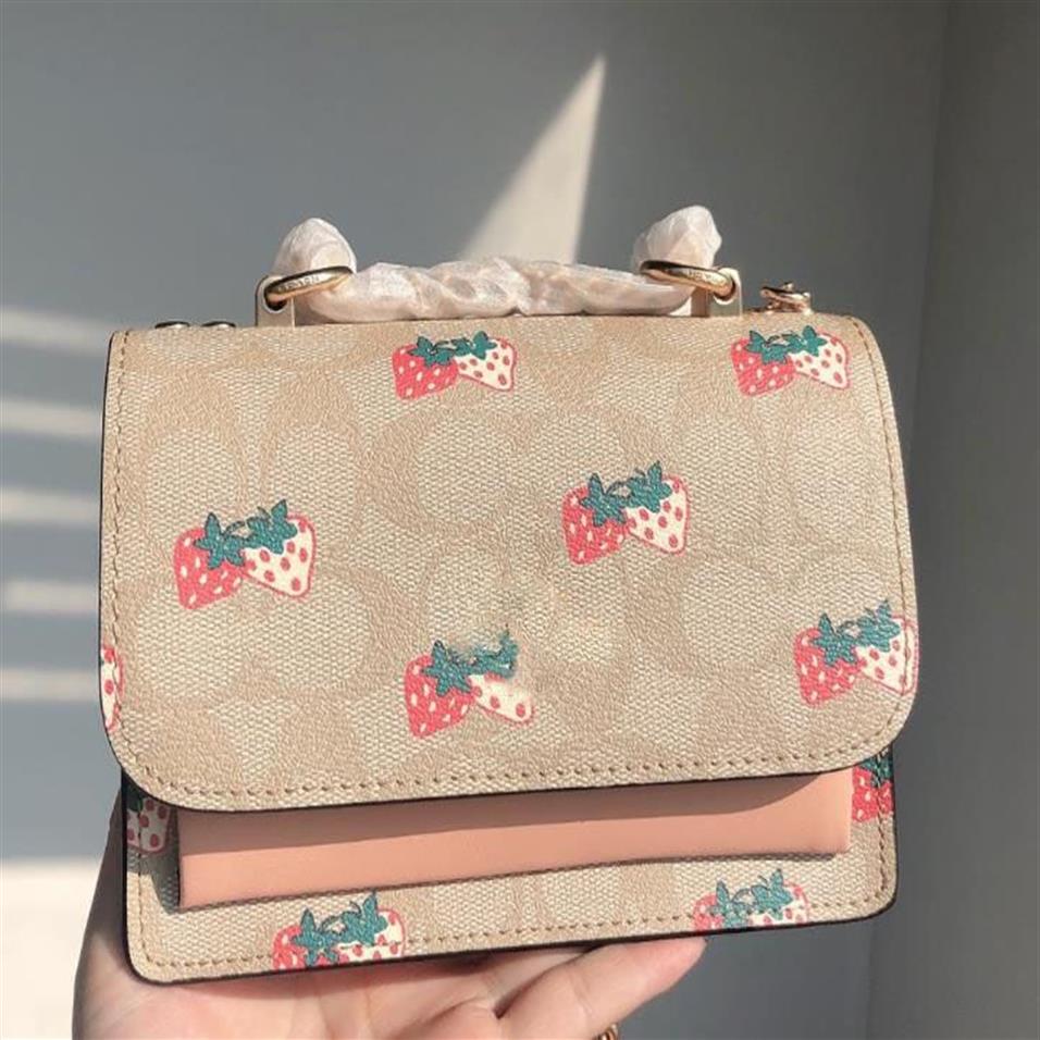New women's strawberry print organ bag leather chain shoulder messenger MINI small square bag338k