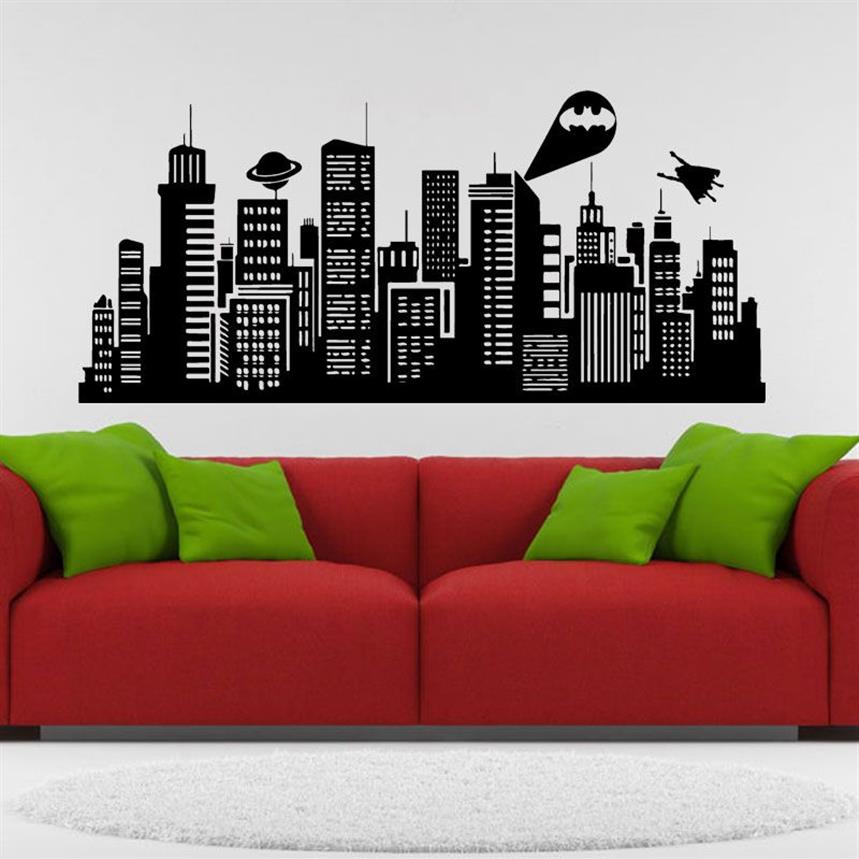 Tamanho grande 132x41 cm Batman Gotham City Decalque de parede em quadrinhos Adesivo de vinil para quarto infantil Decoração de arte para casa 224K