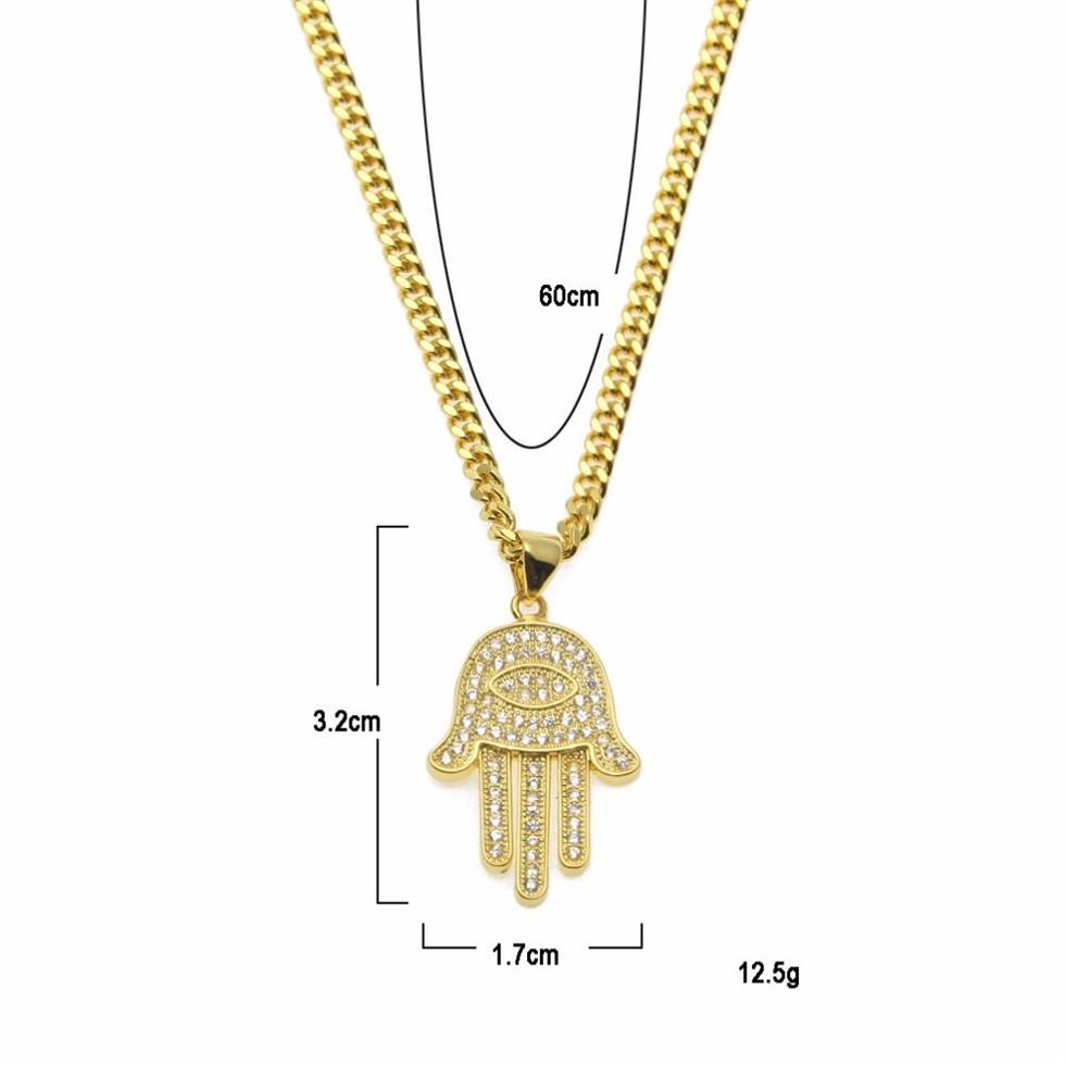 Pendentif Colliers Or Argent Fatima Hamsa Main Bling CZ Glacé Charme Chaîne Cubaine Pour Femmes Hommes Hip Hop Bijoux 199M