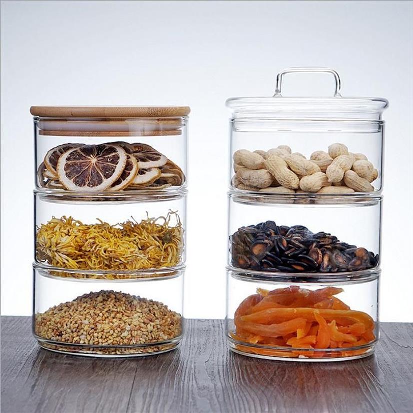 Pot de rangement en verre à trois étages, bouteille avec couvercle, bouteille de rangement minimaliste, récipient d'assaisonnement de noix pour organisateur de cuisine, Home288I