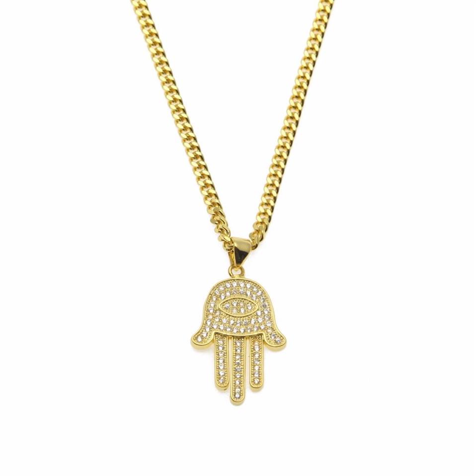 Pendentif Colliers Or Argent Fatima Hamsa Main Bling CZ Glacé Charme Chaîne Cubaine Pour Femmes Hommes Hip Hop Bijoux 199M