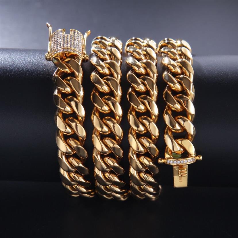 12mm Crystal Zircon Stainless Steel Cuban Chain Gold diamond link bracelet Necklaces for men Nightclub hip Hop Fashion jewelry wil2203