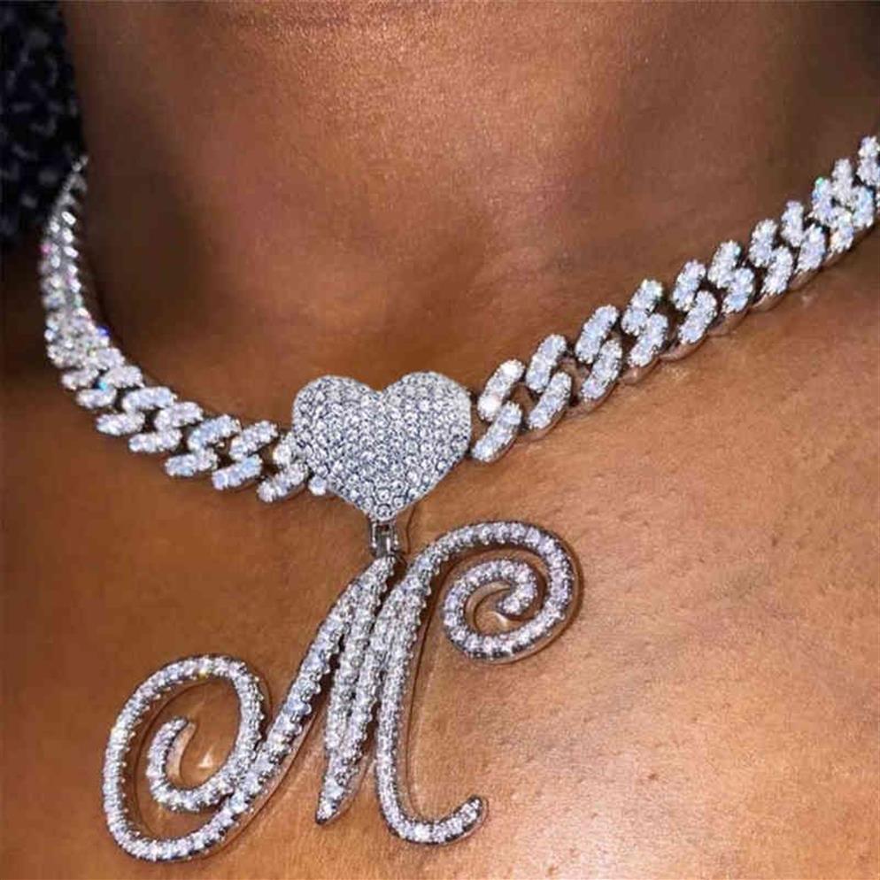 HBP Nieuwe A-z Cursieve Letter Hart Hanger Iced Out Cubaanse Ketting voor Vrouwen Initial Zirkoon Link Chain Choker Hip Hop sieraden 220008202w