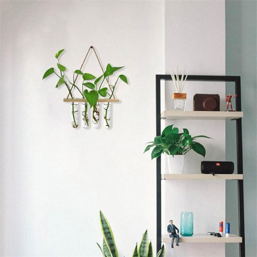 Terrarium mural en verre suspendu, support de jardinière à Air, Vase à fleurs avec cadre en bois, 4 Tubes à essai pour propagation 303l