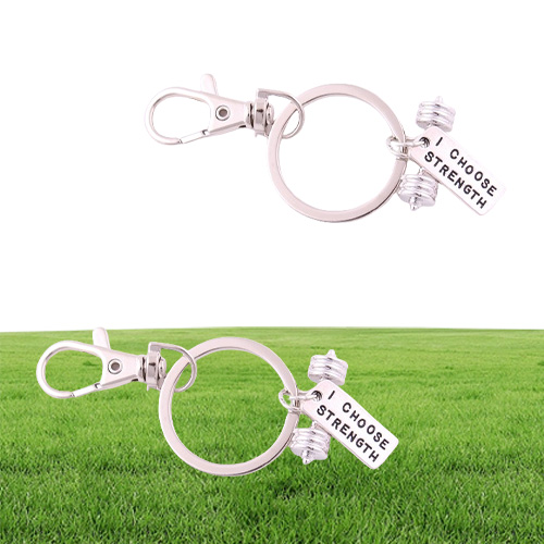 High Quality Sliver Plated Barbell With Never Give UpI CHOSE STRENGTH BELIEVE IN YOURSELF Charm Key Chain LobsterClawClasps4154786