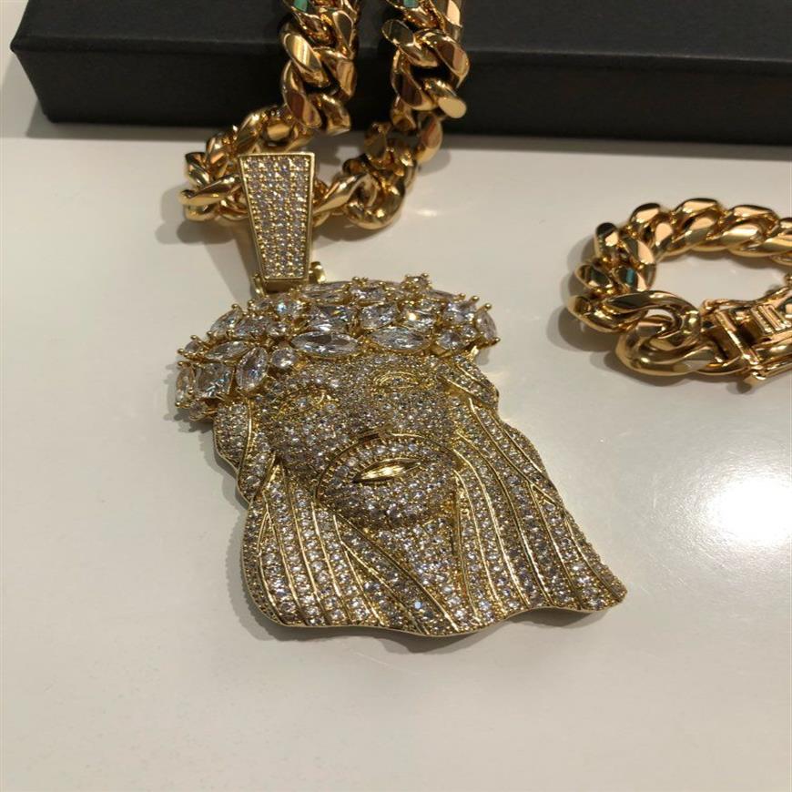 Big Size Jesus Necklace Pendant med 4mm tenniskedja repkedja guldfärg isad ut kubiska zirkon mäns hiphop smycken gåva239g