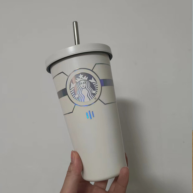 디자이너 짚 컵 더블 레이어 우주 비행사 기술 반사 스테인레스 스틸 절연 컵 커피 컵 학생 휴대용 그라디언트 컬러 워터 컵 텀블러