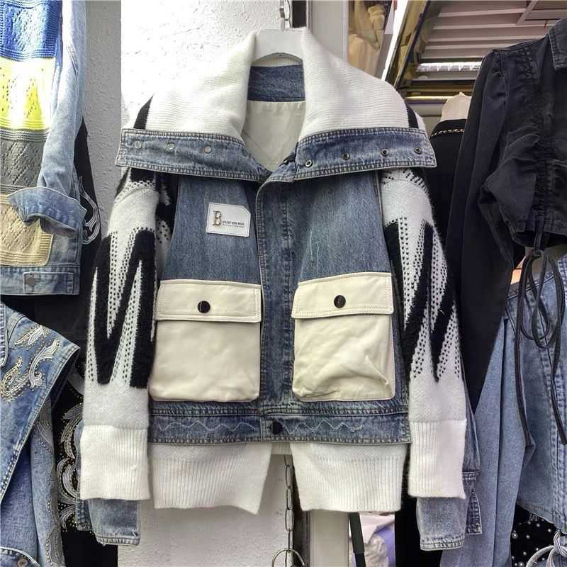 Outono inverno nova combinação xale de malha com bolso grande curto casaco jeans grosso e quente para mulheres