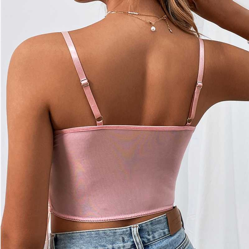 Tanques de mujer Camis Mujeres Sexy Pink Tank Top Flor Bordado Con Cuello En V Verano Slim Camisole Mujer Tie-Up Crop Tank Tops Chaleco Spaghetti Straps Camis Y2302