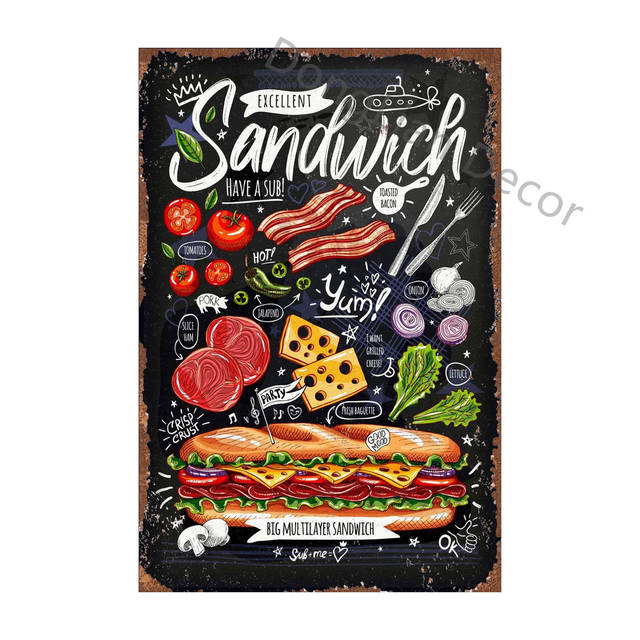 Métal Nourriture Métal Peinture Affiche Hamburger Sandwich Pizza Vintage Cour Jardin Mur Art Plaques Cuisine Restaurant Café Décor 20 cm x 30 cm Woo