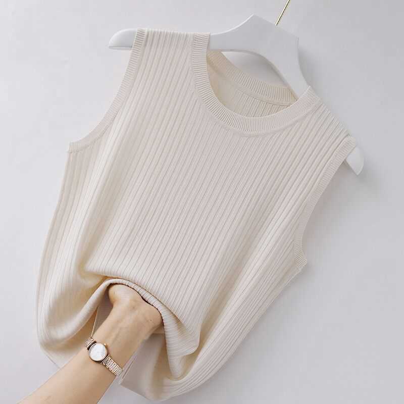 Women's Tanks Camis Casual Camisole Women's Summer Inner Ice Silk Bottoming O-neck Solid Short Knit Sweater Thin Slim Sleeveless Women 2022 NEW Y2302