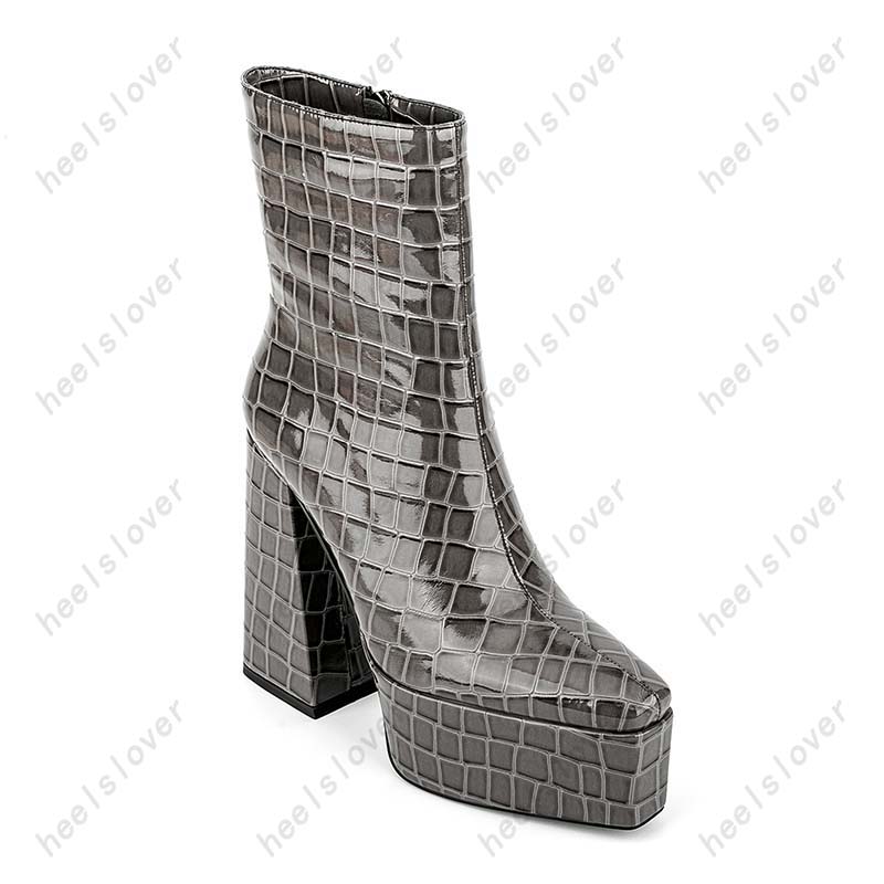 Heelslover New Fashion Women Winter Ankle Boots Shiny Chunky Heels Square Toe Pretty Grey Street Shoes Ladies US Size 5-13