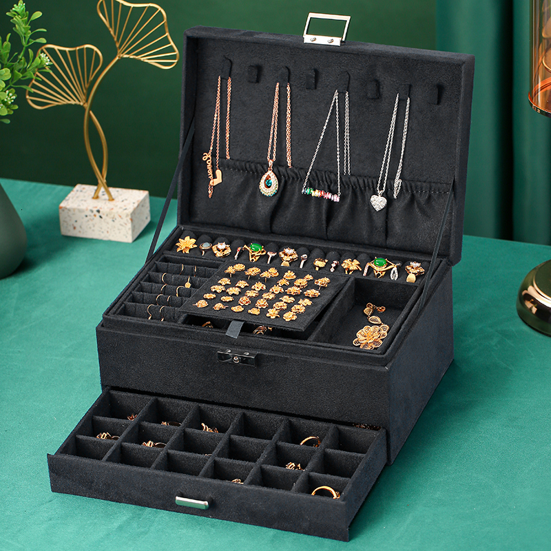 Jewelry Boxes WE Oversized 3layes Black Flannel boite a bijou Organizer Necklace Earring Ring Storage for Women Gifts 230131217E