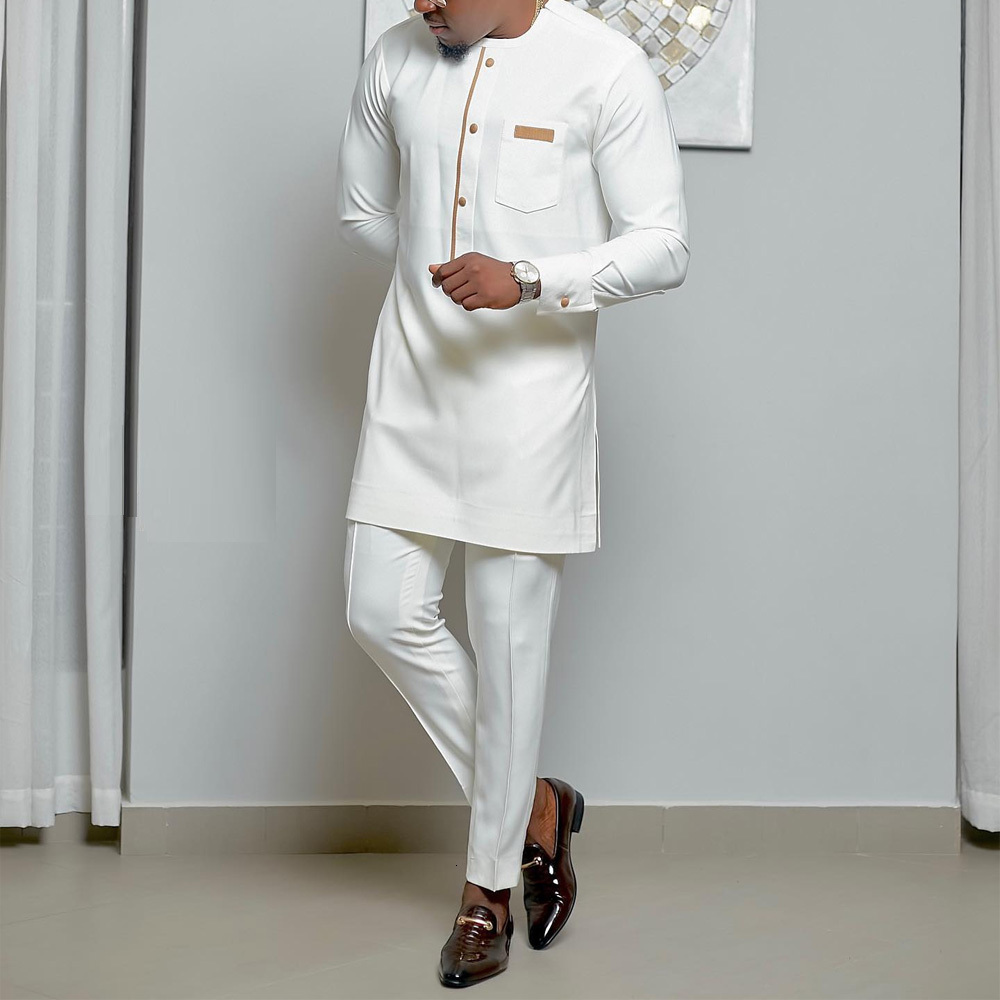 Mens Tracksuits White Kaftan Sets Suit Button Crew Neck Pockets Long Sleeve Top and Pants Wedding Ethnic Style Outfit Clothing 230131