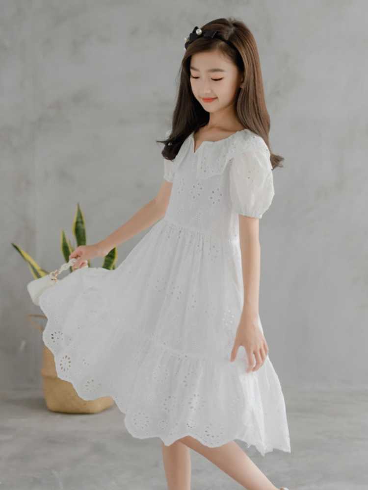 Girl's Es White Embroidery Teen Kids for Girls 2022 Nya barn Bomullskläder Baby Princess Dress Två lager inte Ransparent #6315 0131