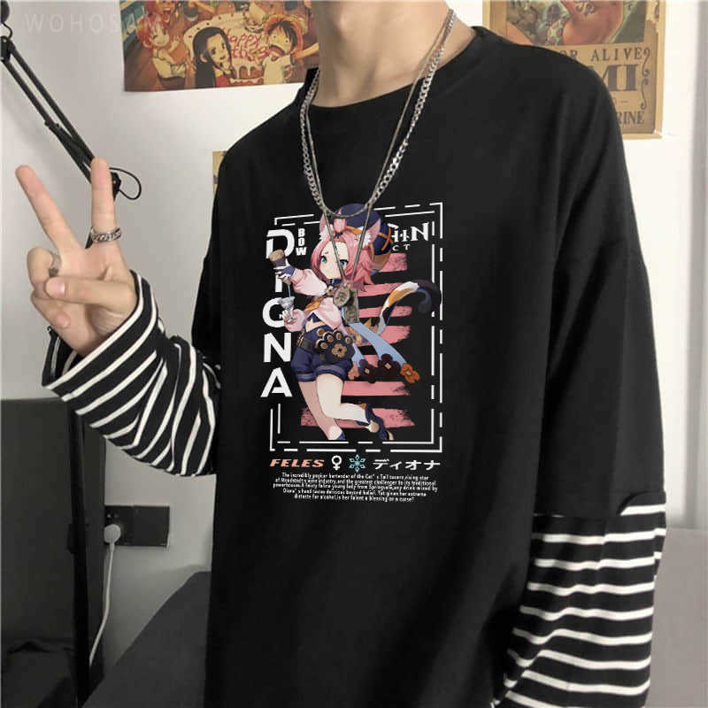 Men's T-Shirts Harajuku Diona Ktzlein Genshin Impact T Shirts Women Hot Game Cosplay Graphic Summer Loose Casual Fake Two Pieces Long Sleeve Y2302