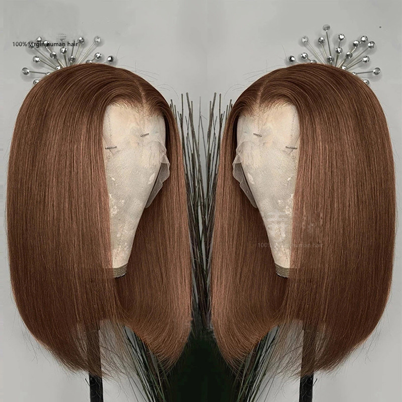 Brasilianskt mänskligt hår 13x4 Spets Front Bob Wig Silky Straight 4# Färg 10-18 tum 150% 180% 210% densitet