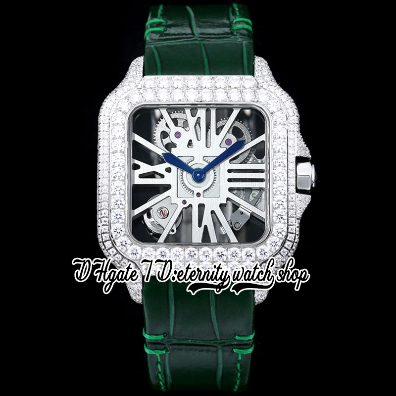 TWF TWW0015 Zwitsers Ronda 4S20 Quartz Mens Watch volledig Iced Out Big Diamonds Bezel Romeinse Markers Skelet Dial Groene lederen band 2023 Super Edition Eternity Watches