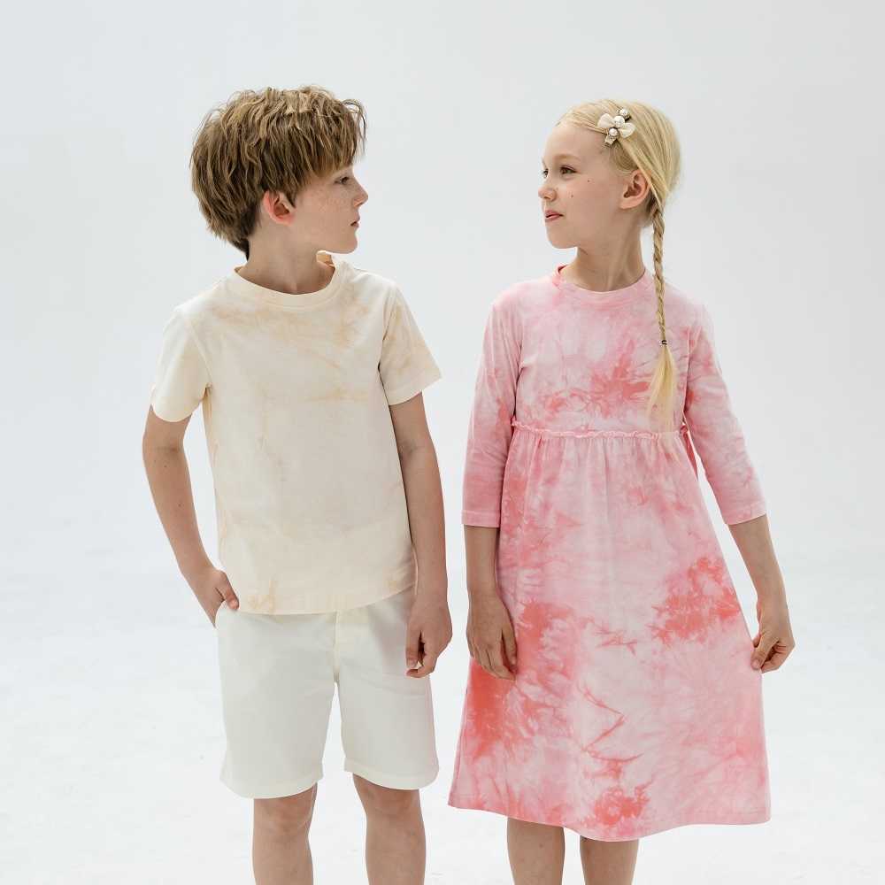 Novo tie-dye estampado para meninas, vestidos midi para meninas adolescentes e meninos, blusas combinando com a família, verão, macio, crianças, marrom, rosa, roupas #7009