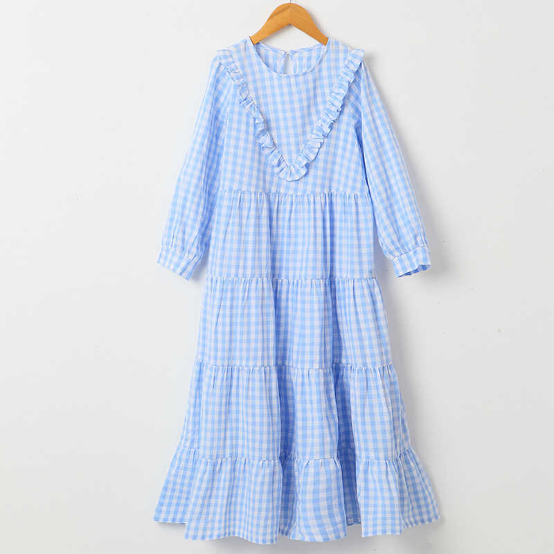 Платья для девочек, весеннее корейское элегантное длинное клетчатое платье для девочек-подростков, детская хлопковая свободная повседневная одежда, мода #9406