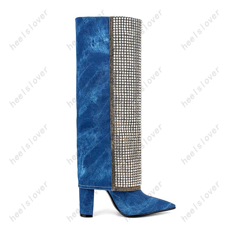 Heelslover Stivali al ginocchio invernali da donna europei Tacchi spessi con strass Punta a punta Scarpe da festa piuttosto blu Donna Taglia USA 5-13