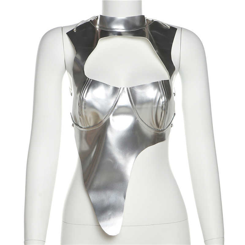 Kvinnors tankar Camis Anjamanor Asymmetrical Cut Out Crop Top Silver Pu Leather Clubing Strappy Open Back Halter Tight Tank Tops Summer 2023 D87-Bz14 Y2302