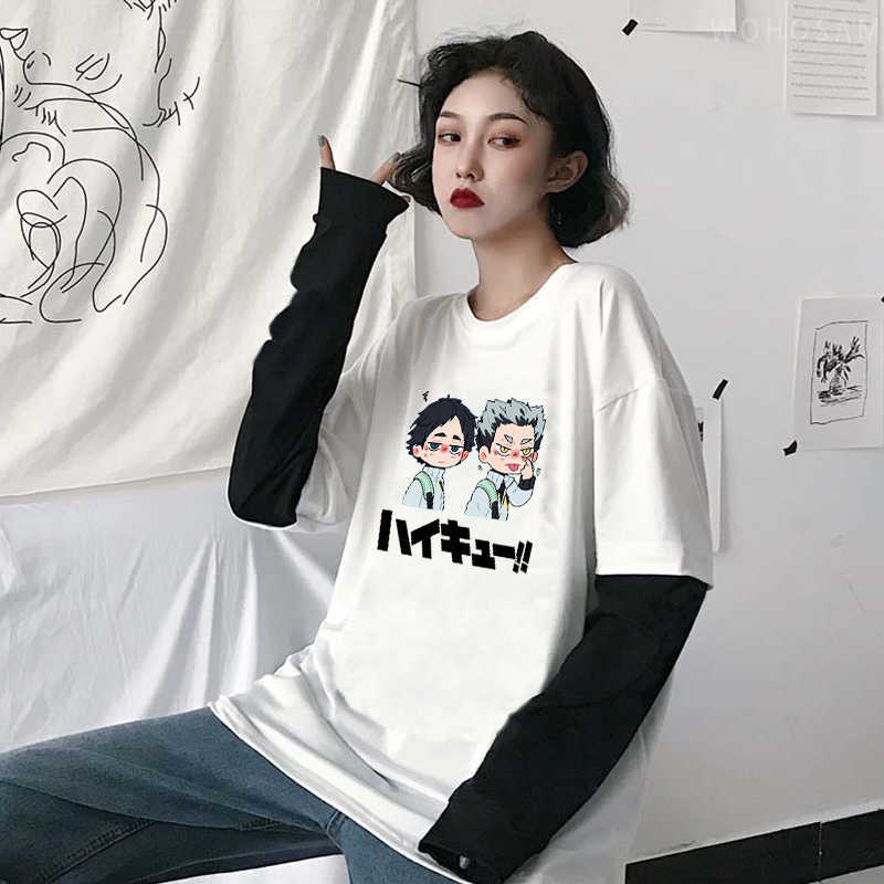 T-shirts voor heren Harajuku Haikyuu Fukurodani High School Lange Mouw T-shirt Akaashi Keiji en Kotaro Bokuto Manga Cartoon Fake Two Pieces T-shirt Y2302