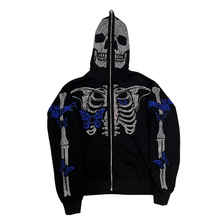 Rhinestone Skeleton Butterfly Zip Hoodie Grunge Harajuku Feminino Feminino Feminino Roupa Up Sualdemas Roupas Vintage Top Jaqueta Punk