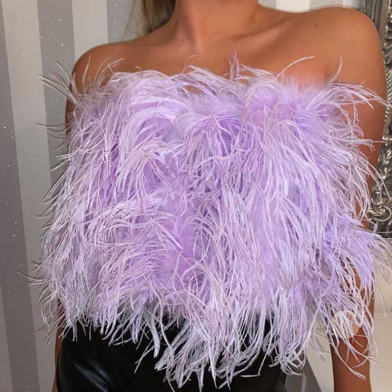 Kvinnors tankar Camis Furry Crop Top Camis Women Ostrich Feather Bustier Tank Tunic Vest Sleeveless Bra Night Club Party Female Tube Croped Tops Wrap Y2302