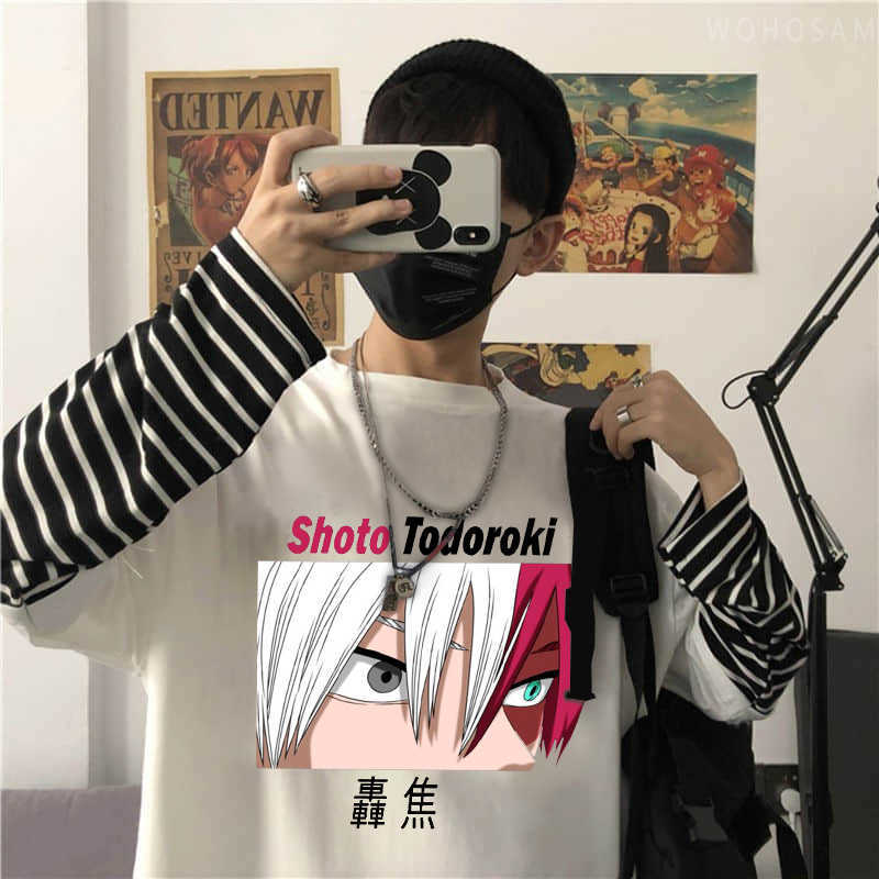 T-shirts masculins Todoroki Shoto Eye My Hero Academia Anime T-shirts à manches longues Harajuku Unisexe Vêtements surdimensionnés T-shirts rayés Tops Y2302