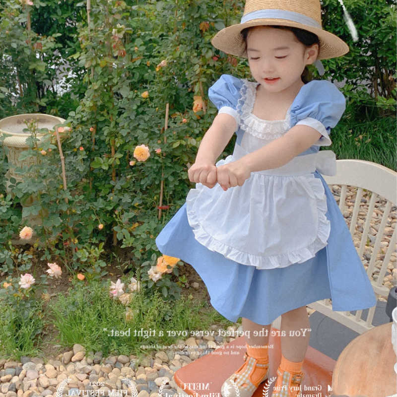 女の子の子供の甘いプリンセスドレス夏の英国スタイルのレースエプロンデコレーションレトロパフスリーブドレスベビーキッズ服0131