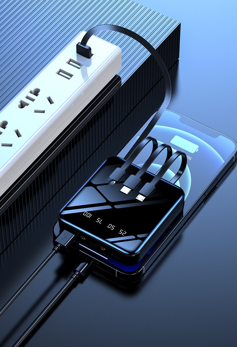 Banki mocy do telefonów komórkowych 10000 mAh Bateria zewnętrzna Mini Power Bank Ekran lustrzany Cyfrowy wyświetlacz Przenośny Poverbank do inteligentnego telefonu komórkowego Powerbank wbudowany w 4 kable