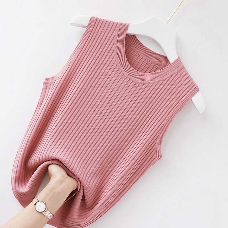 Women's Tanks Camis Casual Camisole Women's Summer Inner Ice Silk Bottoming O-neck Solid Short Knit Sweater Thin Slim Sleeveless Women 2022 NEW Y2302