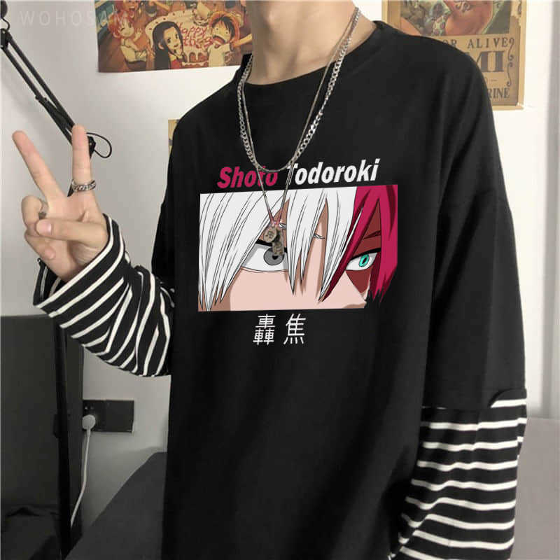 T-shirts masculins Todoroki Shoto Eye My Hero Academia Anime T-shirts à manches longues Harajuku Unisexe Vêtements surdimensionnés T-shirts rayés Tops Y2302