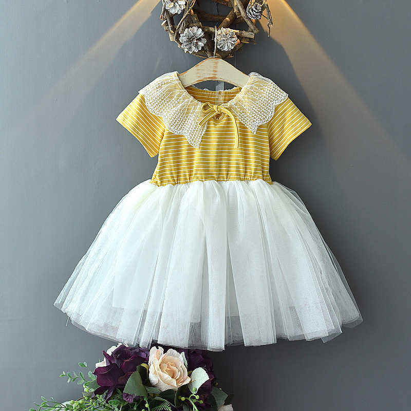 Niedliche Kinderkleidung für Mädchen, Baby-Kleid, Spitze, Peter-Pan-Kragen, Ballkleid, knielange Kleider, Baumwolle, Patchwork, Mesh, Kinder-Pettiskirt