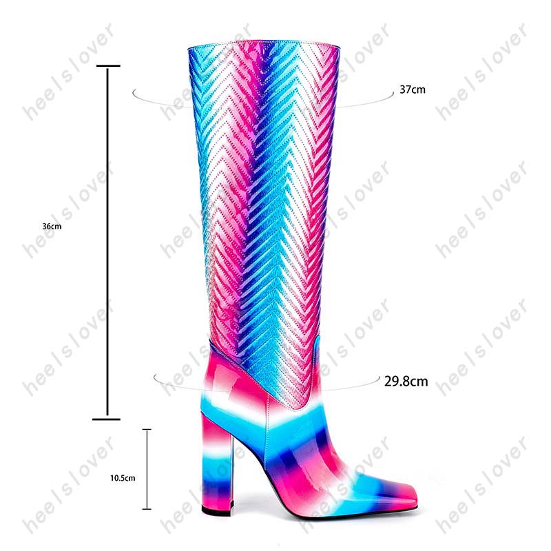 Heelslover Handmade Women Winter Shiny Knee Boots Chunky Heels Square Toe Gorgeous Rainbow Party Shoes Ladies US Size 5-13