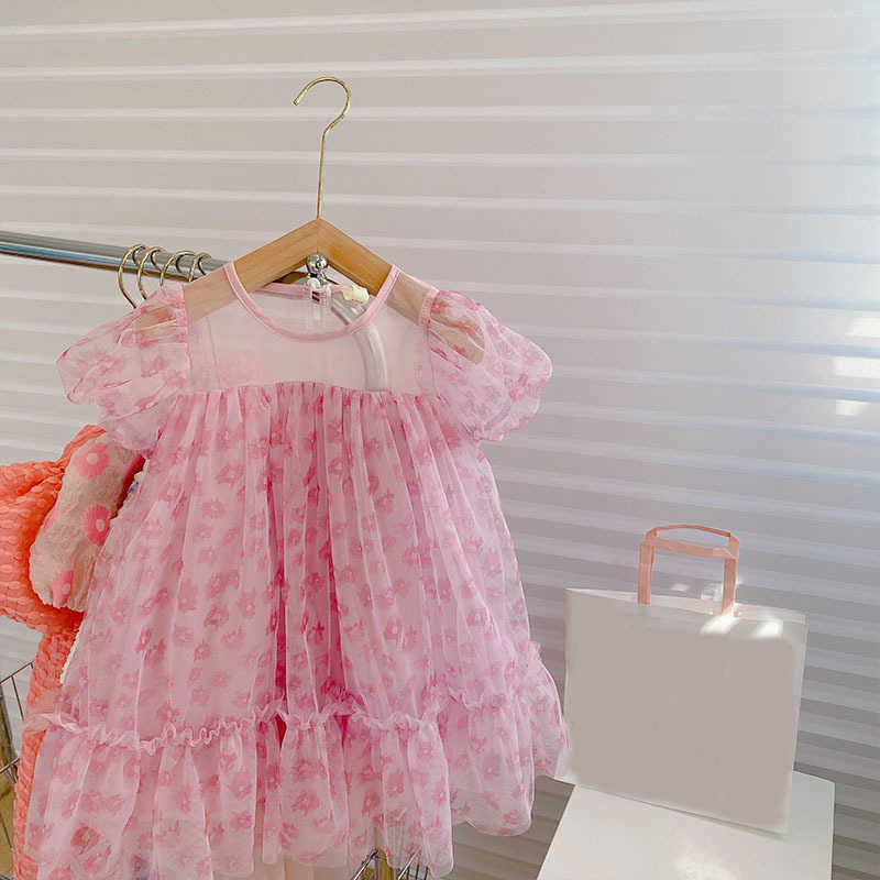 Mädchen es Mädchen Sommer Mesh Oberbekleidung Kinder Kleidung Baby Kinder Kleidung Süße Blumen Vestidos Roman Rosa Blume Prinzessin Kleid 0131