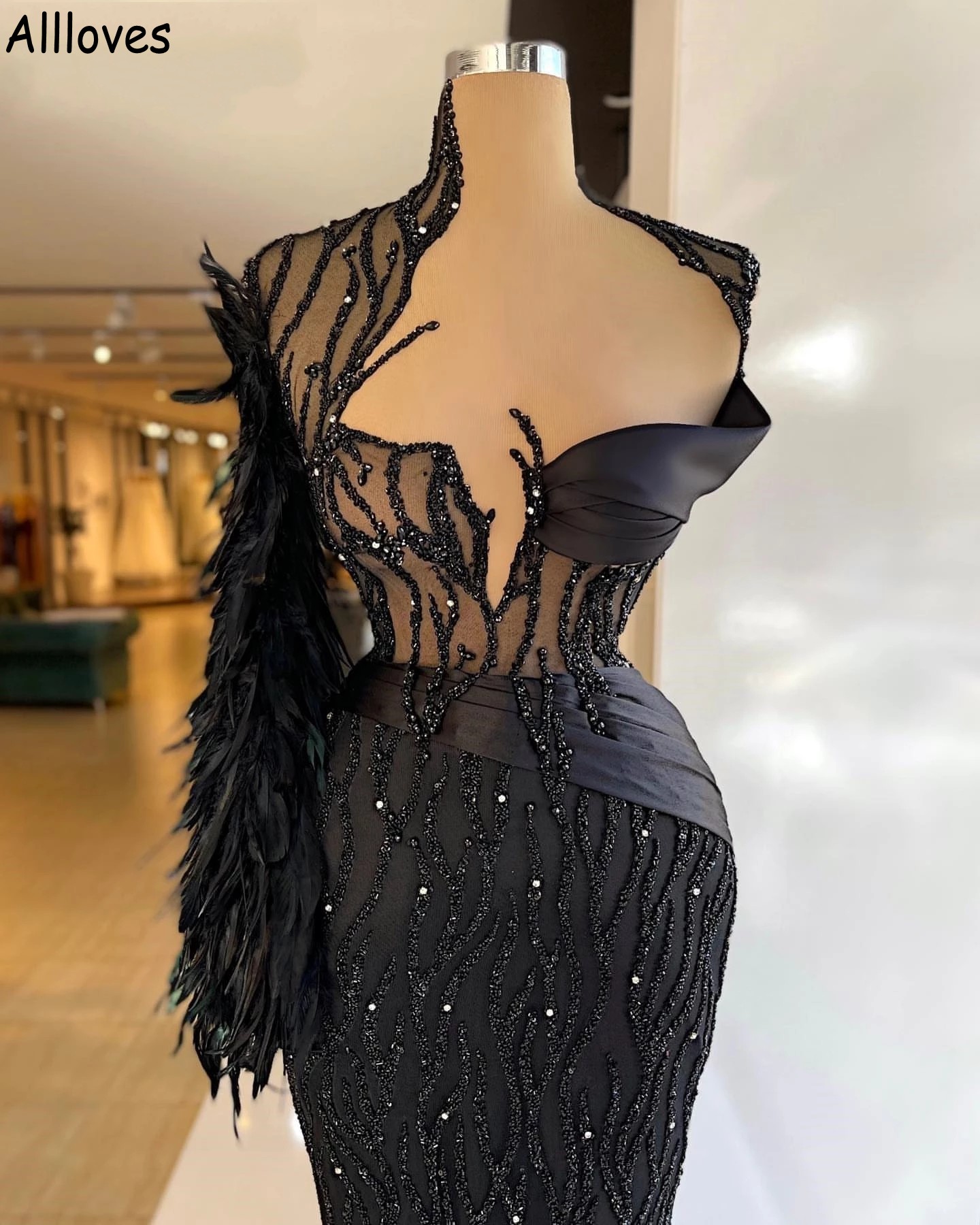 Черные роскошные перья с блестками вечерние платья блестящие одно плечо классические платья для выпускного вечера с женщинами с длинными рукавами.